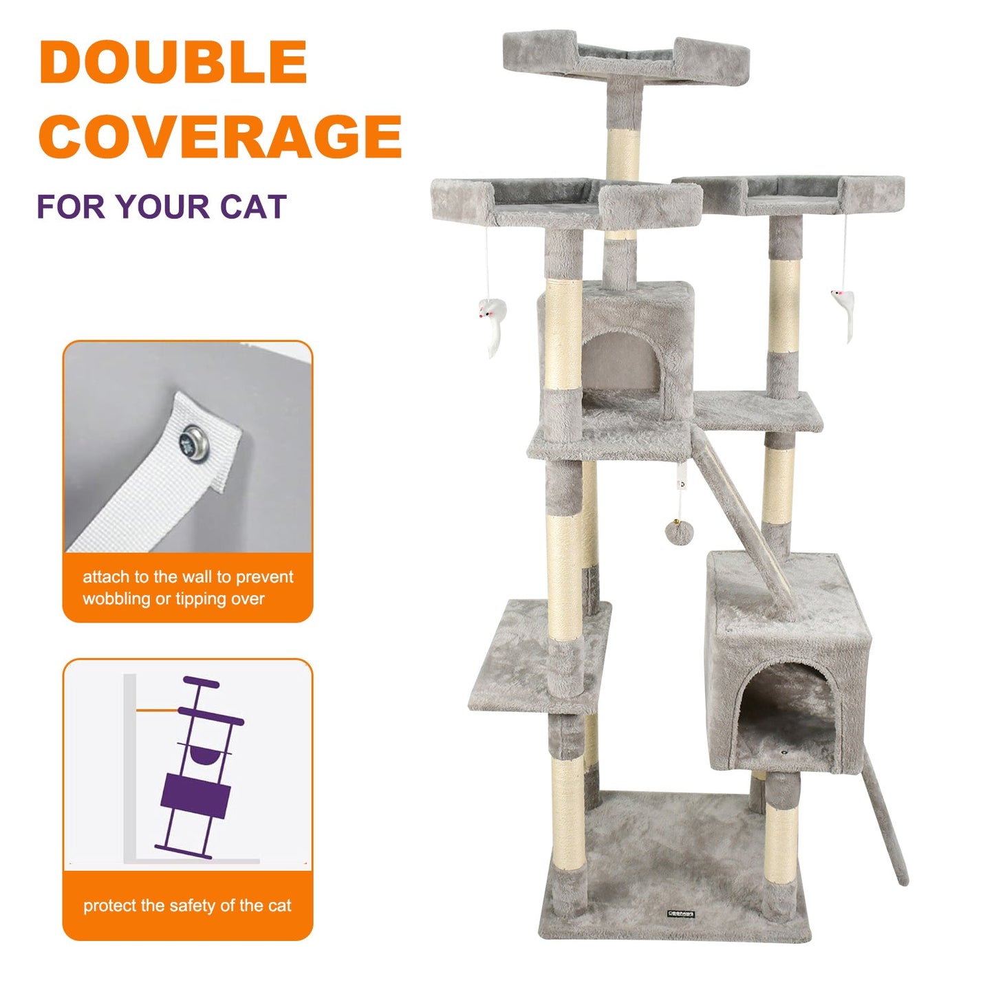 GOOPAWS Multi-Level 72-in Cat Tree & Condo, Grey, 72''