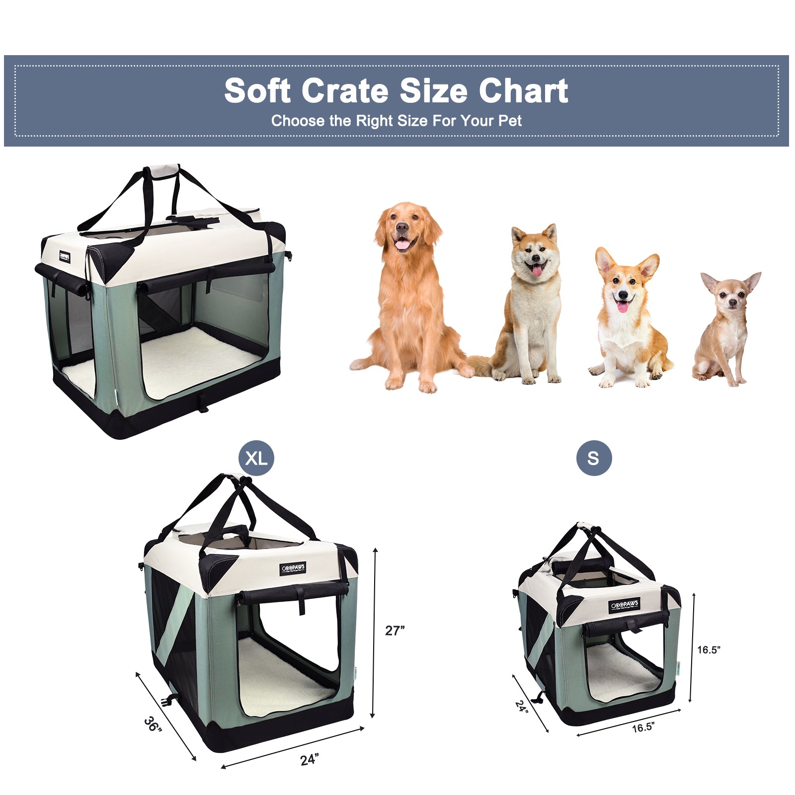 Jespet & GOOPAWS Indoor & Outdoor 3-Door Collapsible Soft-Sided Dog, Cat & Small Pet Crate - Pup List