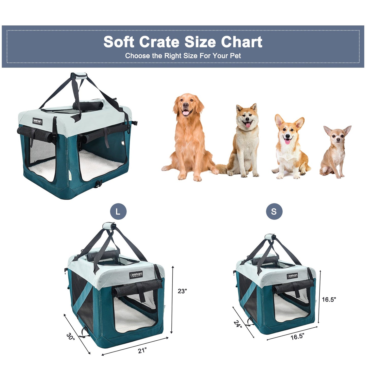 Jespet & GOOPAWS Indoor & Outdoor 3-Door Collapsible Soft-Sided Dog, Cat & Small Pet Crate, Teal Blue, 24''