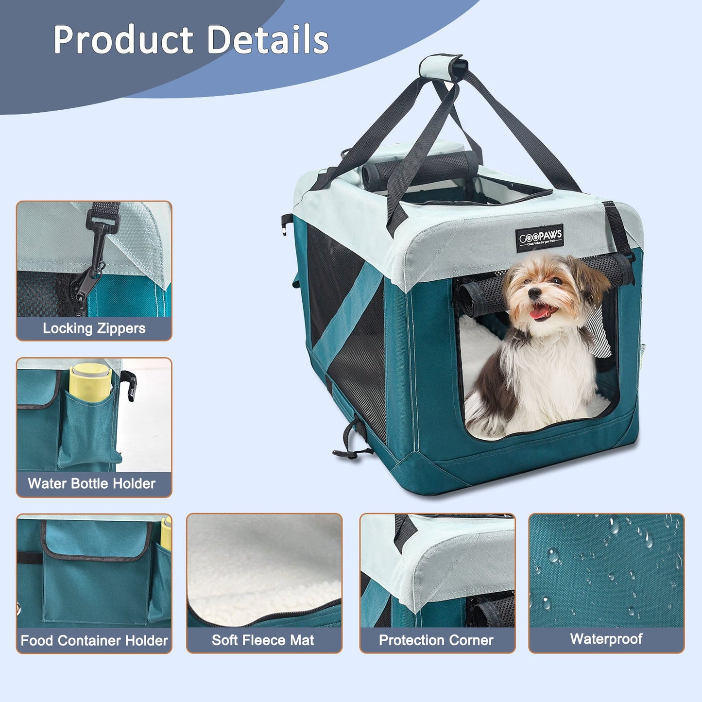 Jespet & GOOPAWS Indoor & Outdoor 3-Door Collapsible Soft-Sided Dog, Cat & Small Pet Crate, Teal Blue, 24''