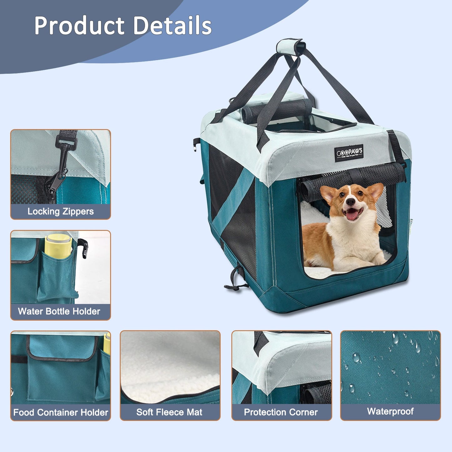 Jespet & GOOPAWS Indoor & Outdoor 3-Door Collapsible Soft-Sided Dog Crate, Teal Blue, 30''