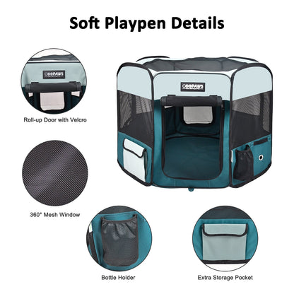 Jespet 2-Door Portable Soft-Sided Dog, Cat & Small Pet Exercise Playpen, Teal Blue, 45''