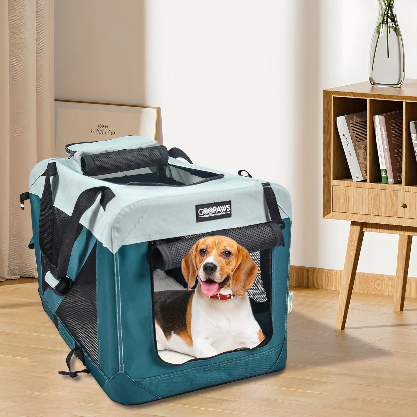 Jespet & GOOPAWS Indoor & Outdoor 3-Door Collapsible Soft-Sided Dog, Cat & Small Pet Crate, Teal Blue, 24''