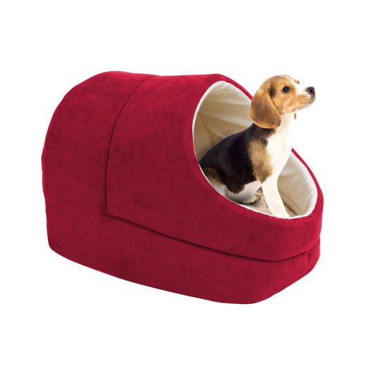 GOOPAWS Cave Covered Cat & Small Dog Warming Burrow Cat Bed, Burgundy - Pup List