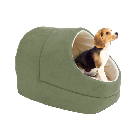 GOOPAWS Cave Covered Cat & Small Dog Warming Burrow Bed, Sage Green - Pup List