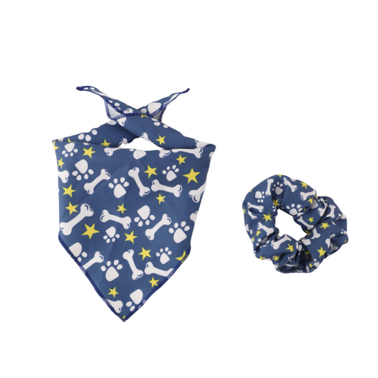 Pawsitively Adorable: Blue Matching Dog Bandana and Hair Scrunchie Set