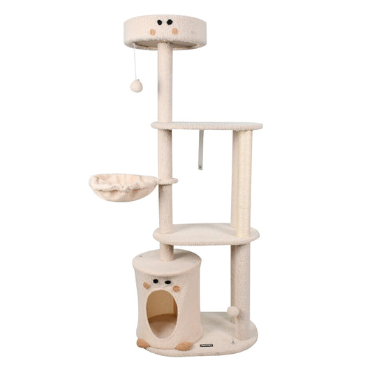 GOOPAWS 3-Tier Faux Fur Cat Tree & Condo With Hammock, Cream, 58.7''