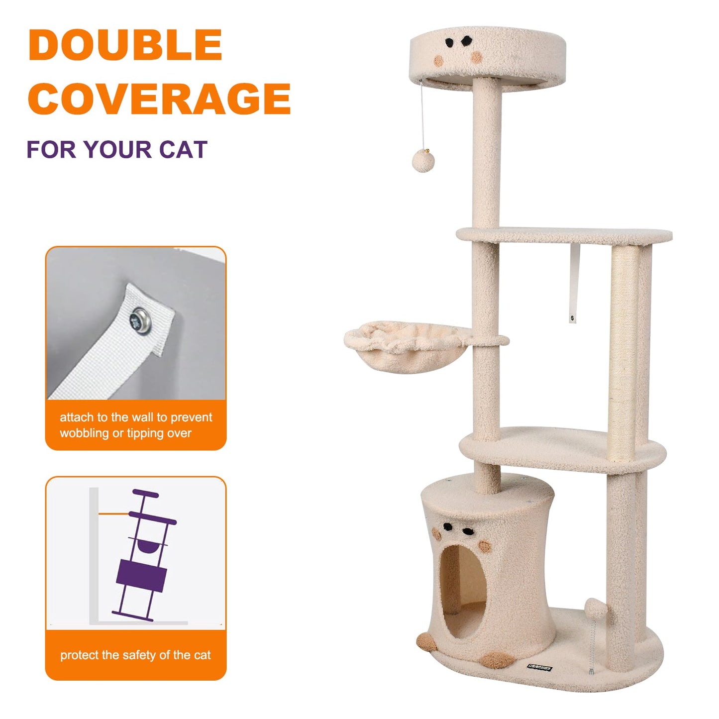 GOOPAWS 3-Tier Faux Fur Cat Tree & Condo With Hammock, Cream, 58.7''