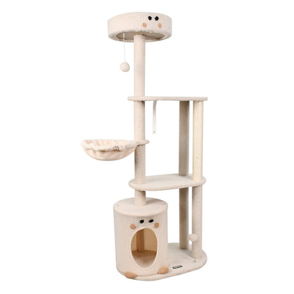 GOOPAWS 3-Tier Faux Fur Cat Tree & Condo With Hammock, Cream, 58.7''