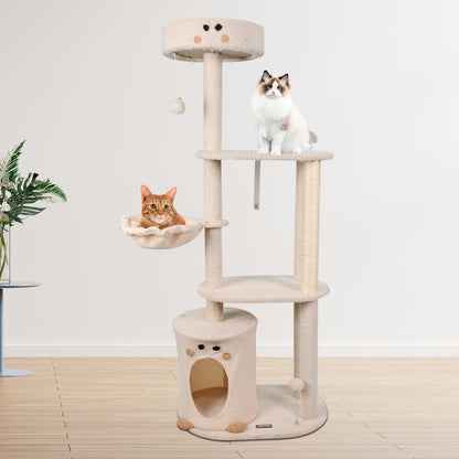 GOOPAWS 3-Tier Faux Fur Cat Tree & Condo With Hammock, Cream, 58.7''