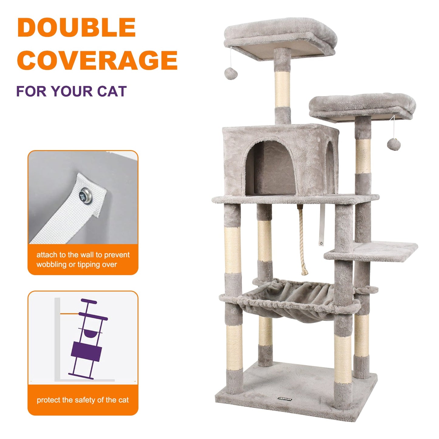 GOOPAWS Multi-Level Cat Tree & Condo With Hammock, Light Grey, 63''