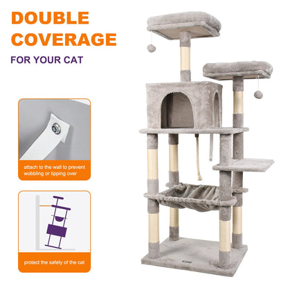 GOOPAWS Multi-Level Cat Tree & Condo With Hammock, Light Grey, 63''