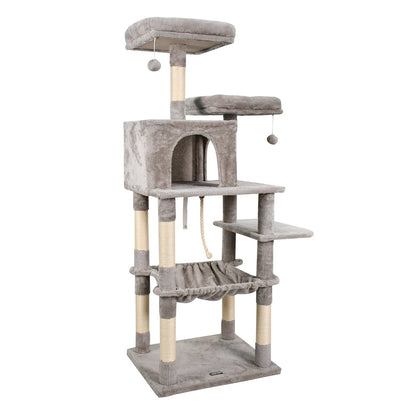 GOOPAWS Multi-Level Cat Tree & Condo With Hammock, Light Grey, 63''