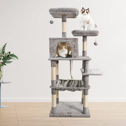 GOOPAWS Multi-Level Cat Tree & Condo With Hammock, Light Grey, 63''