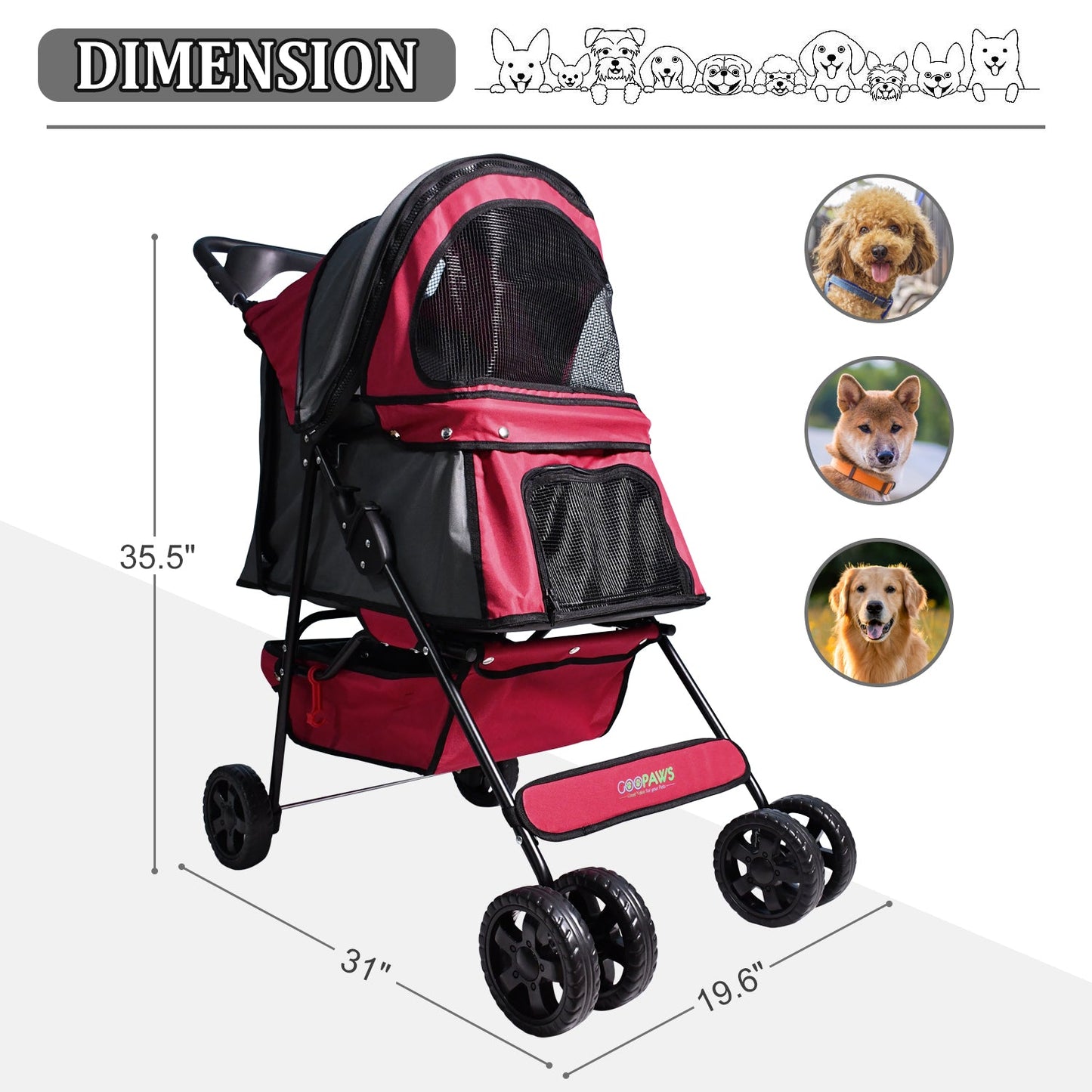 Jespet 4-Wheel Promenade Pet Stroller for Small Dogs Cats, Maroon, 36'' - Pup List