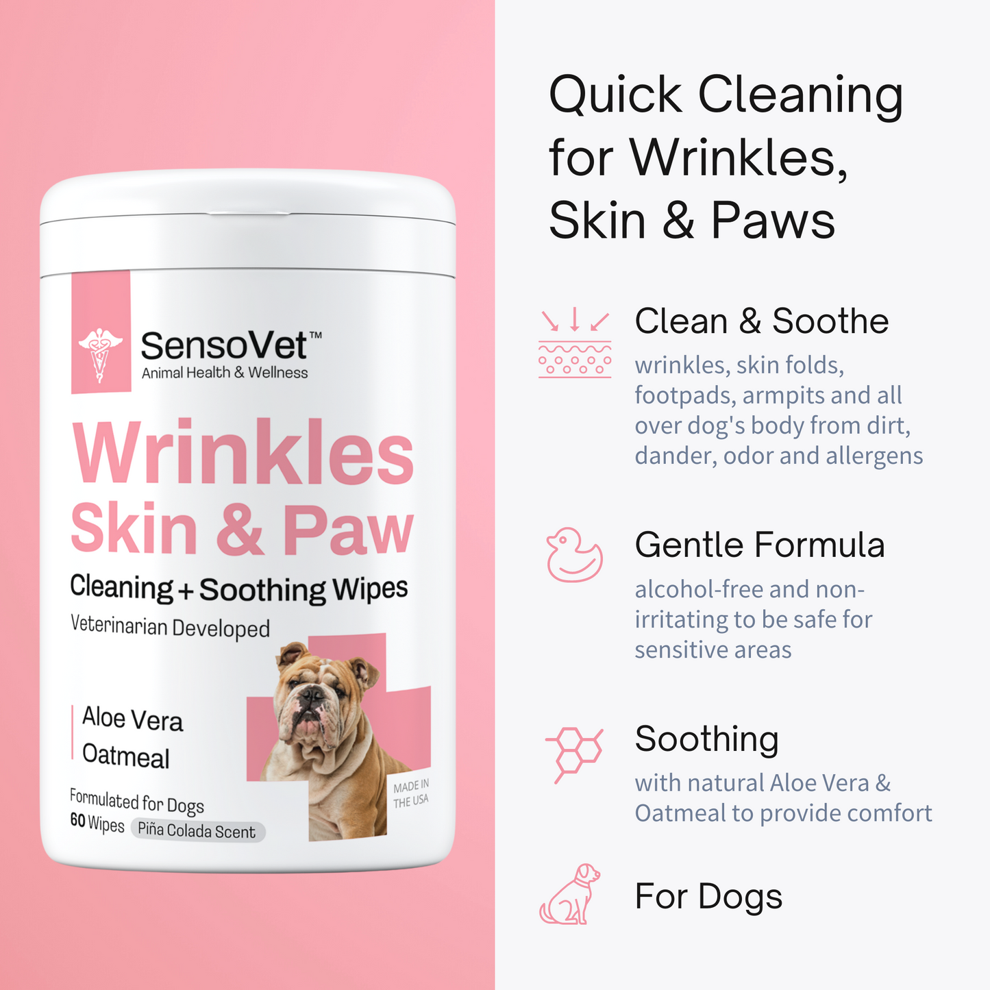 Wrinkles, Skin & Paw Cleaning Soothing Wipes for Dogs - 60 Wipes