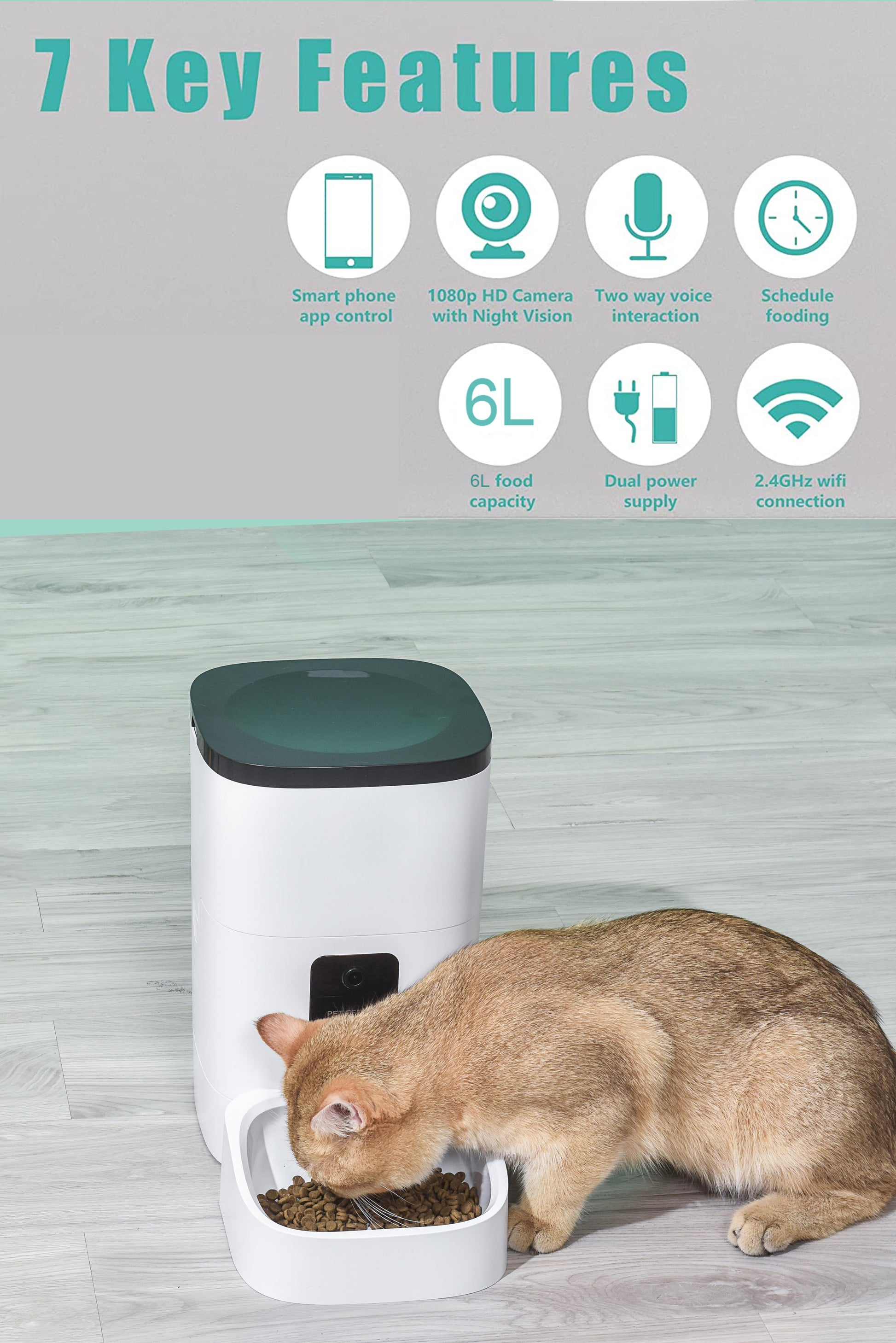 Automatic Pet Feeder with Camera, App Control, Voice Recorder, Timed Feeder for Schedule Feeding, Dual Power Supply,Wifi Pet Food Dispenser with App Control