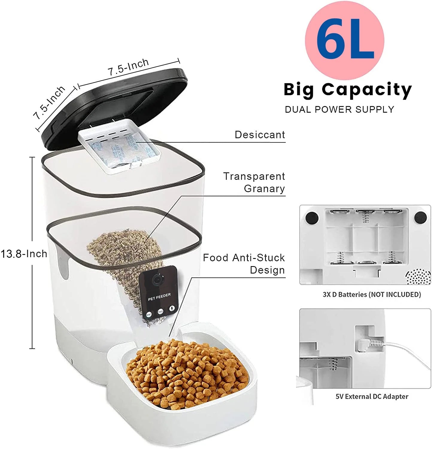 Automatic Pet Feeder with Camera, App Control, Voice Recorder, Timed Feeder for Schedule Feeding, Dual Power Supply,Wifi Pet Food Dispenser with App Control