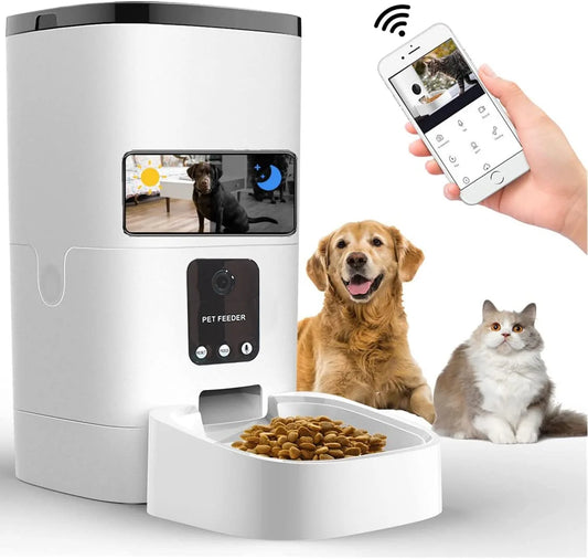 Automatic Pet Feeder with Camera, App Control, Voice Recorder, Timed Feeder for Schedule Feeding, Dual Power Supply,Wifi Pet Food Dispenser with App Control