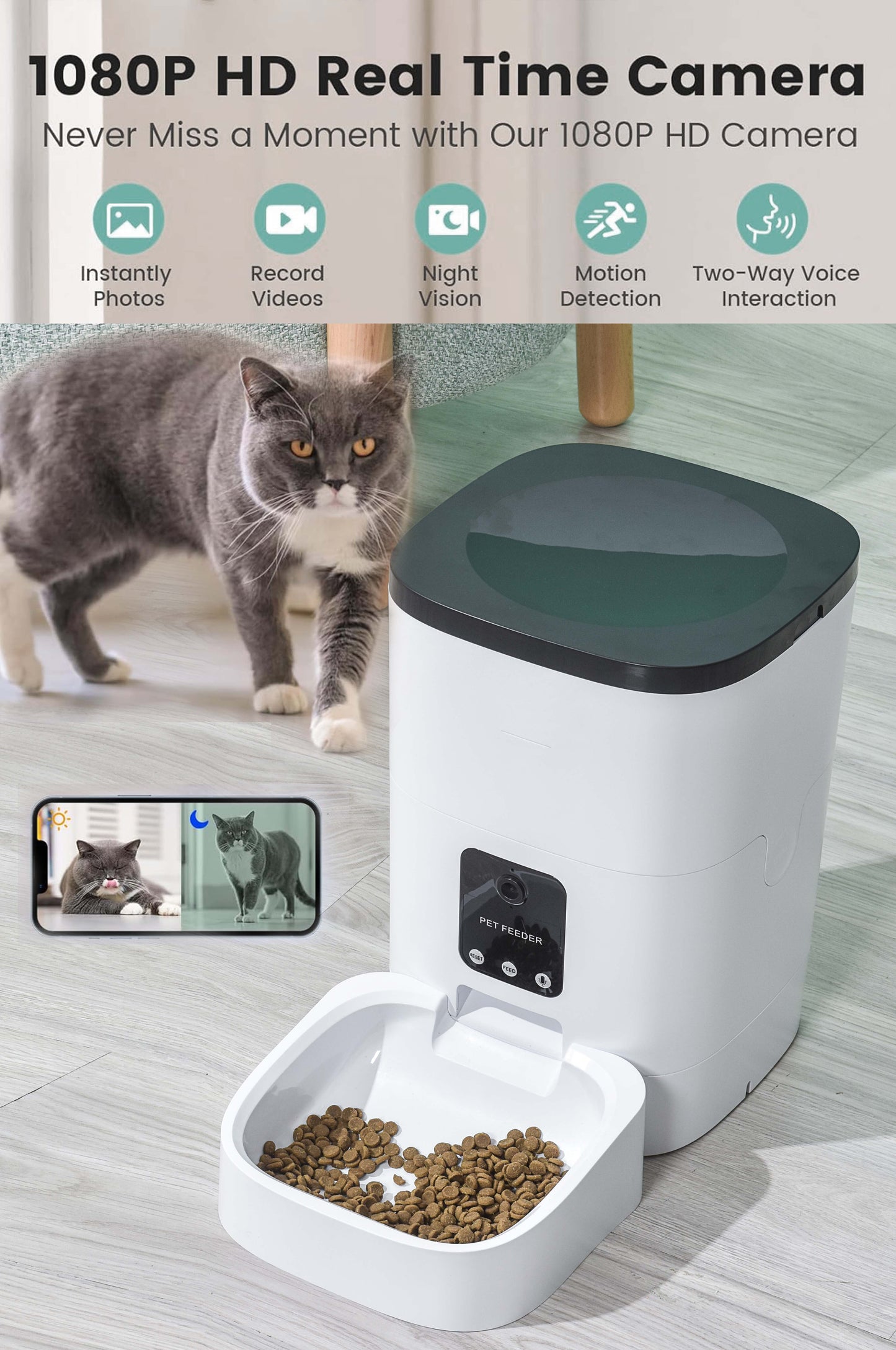 Automatic Pet Feeder with Camera, App Control, Voice Recorder, Timed Feeder for Schedule Feeding, Dual Power Supply,Wifi Pet Food Dispenser with App Control